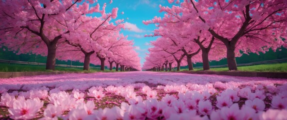 Obraz premium Blossoming Cherry Blossom Trees Create a Stunning Spring Landscape with a Path Covered in Pink Petals Under a Clear Blue Sky