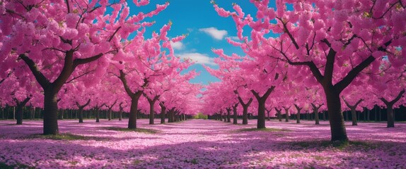 Obraz premium Cherry Blossom Orchard in Full Bloom with Vibrant Pink Petals Under Clear Blue Sky Perfect for Springtime Nature and Landscape Photography