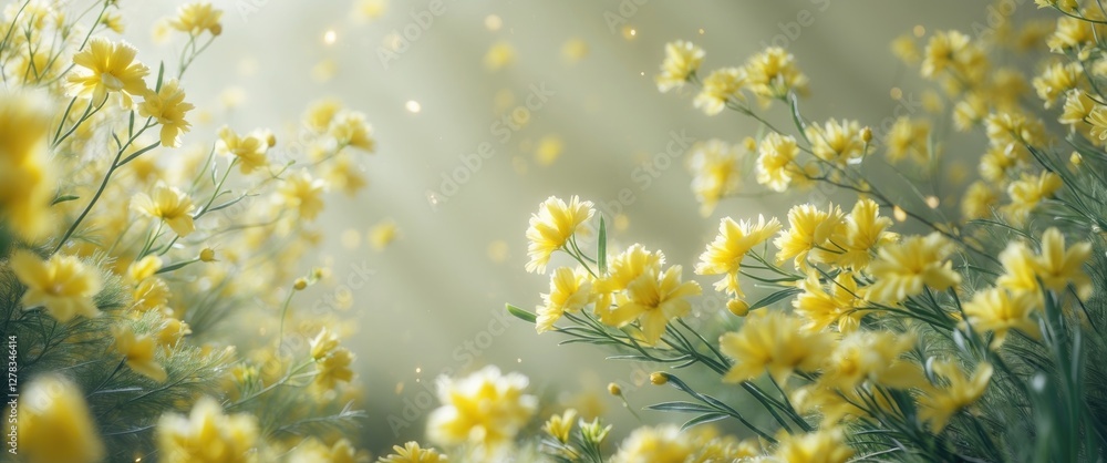 Poster vibrant spring field of delicate yellow flowers illuminated by soft sunlight creating a serene and c