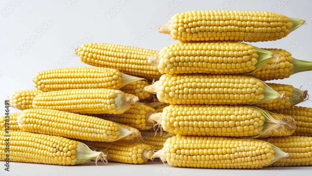 Poster piled fresh baby corn cobs isolated on white background with space for text or graphics in culinary 