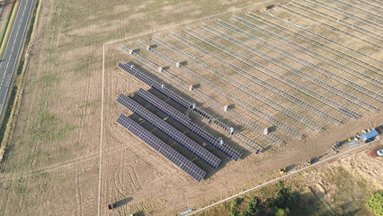 Aerial view solar farm construction