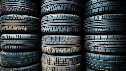 Obraz premium Stack of Worn Car Tires Symbolizing Safety and Accident Risk with Copy Space for Text in Automotive and Safety Themes
