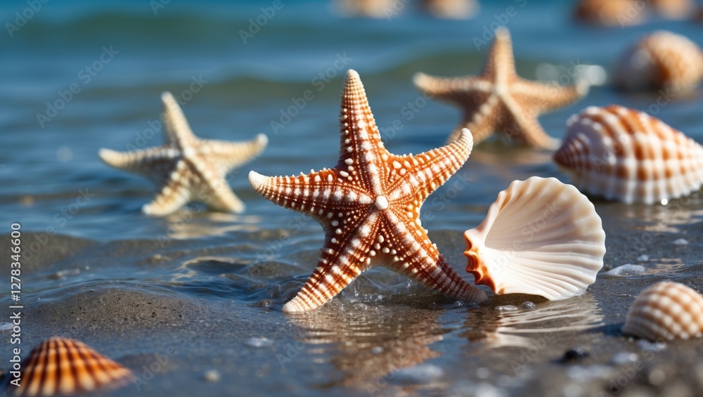 Poster starfish and seashells on a sandy beach with gentle waves creating a serene coastal scene and space 