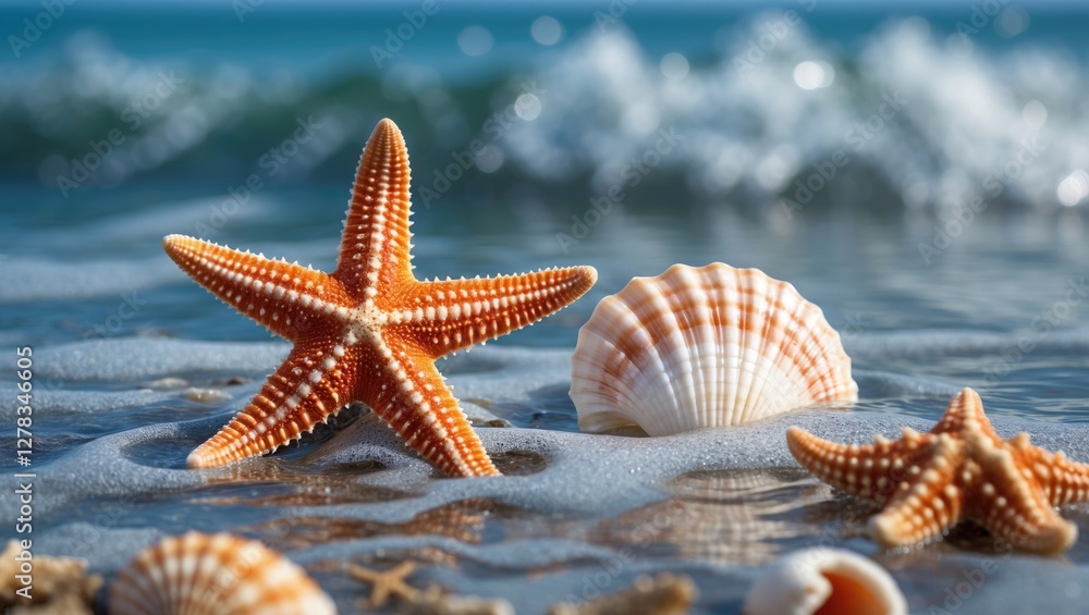 Poster starfish and seashells on a beach shoreline with gentle sea waves creating a serene coastal scene an
