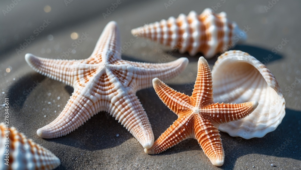 Aufkleber starfish and seashells on sandy beach with soft focus and space for text or design elements in coast