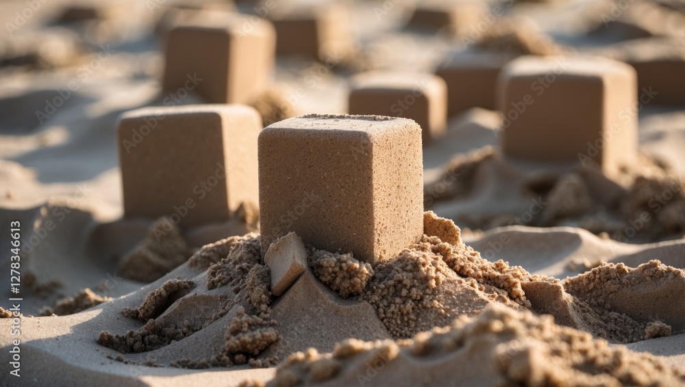 Poster sand cubes on a beach creating unique textures and patterns under natural light