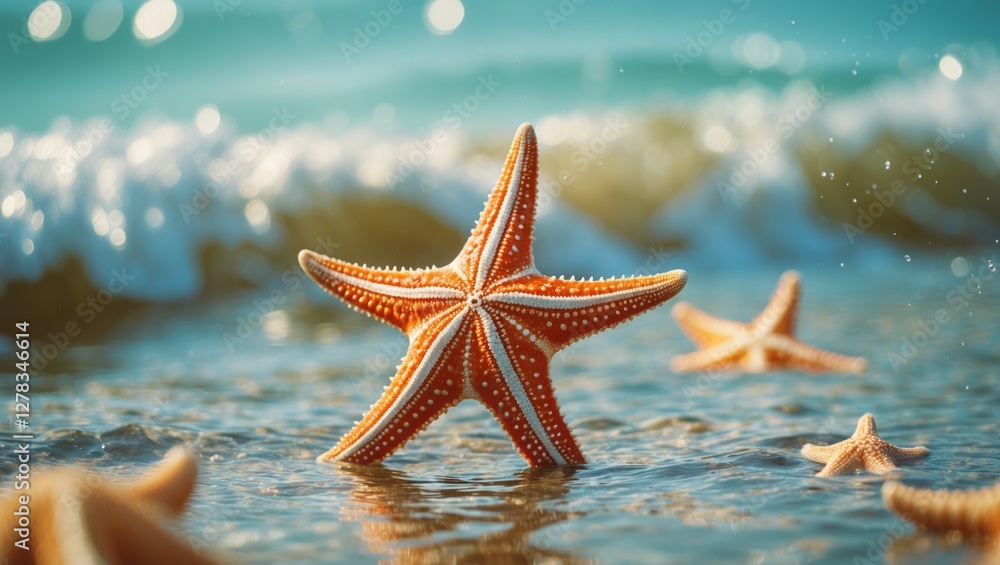 Poster starfish on a beach with gentle waves in the background create a relaxing seaside ambiance ideal for