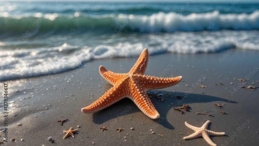 Poster starfish resting on shoreline with soft waves and sand in background capturing coastal serenity and 