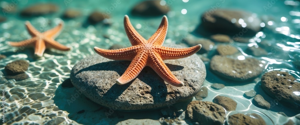 Poster starfish resting on a stone in clear water with smooth pebbles creating a serene natural setting sui