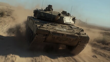 Grey Military Tank Moving Through Desert Sands