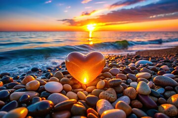 Fototapeta premium Glowing Heart-Shaped Light on Pebbles, Sunset Beach Scene, Romantic Coastal Imagery