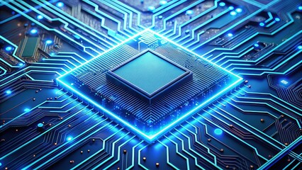 Glowing Blue AI Chip: Futuristic Technology Circuit Board Network Connection