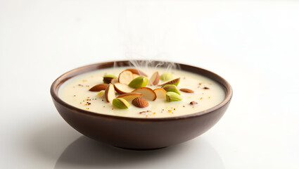 Delicious Hot Dessert with Nuts &ndash; Steaming Sweet Dish in Elegant White Bowl.