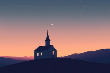 Naklejka premium contemporary geometric church silhouette against gradient twilight sky, minimalist design with clean lines