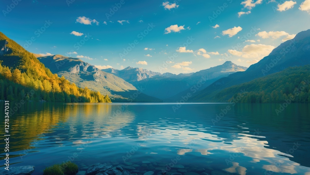 Poster tranquil lake surrounded by mountains and autumn trees with serene water reflection and space for te
