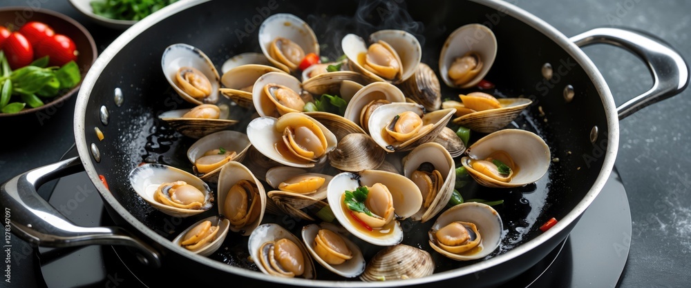 Poster stir fried clams in a pan with fresh ingredients and empty space for text or branding