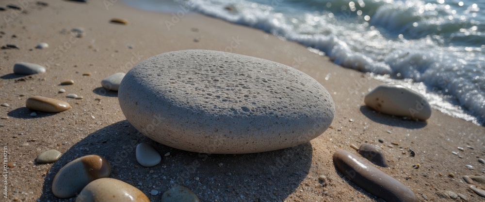Poster smooth pebble on sandy beach with gentle waves and empty space for text overlays