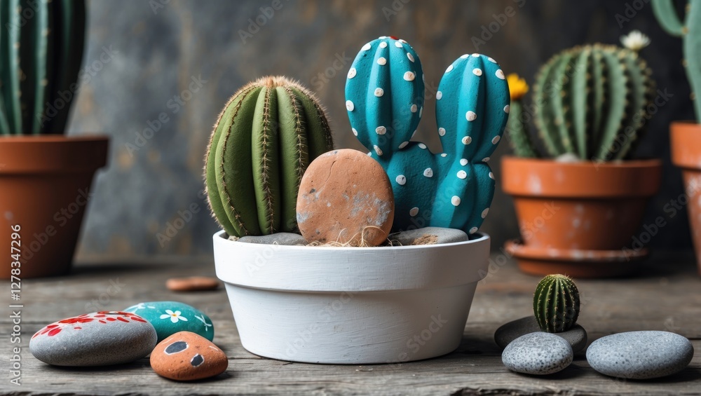 Poster handcrafted painted stones designed as cacti in a white flowerpot with real cacti in a rustic settin