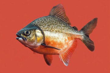 Beautiful full bodied piranha fish swims against a red background