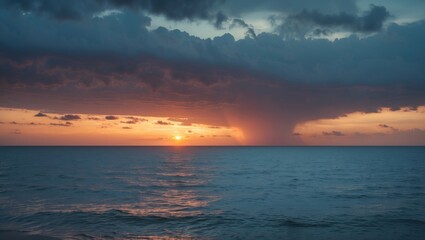 Obraz premium Dramatic Storm Sunset Over Calm Sea Widescreen Landscape with Atmospheric Clouds and Space for Text or Messaging