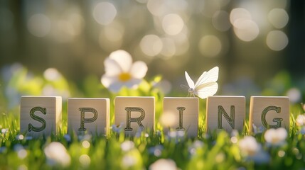 Spring Wooden Blocks with Butterfly on Bright Field Background Happy and Hopefull