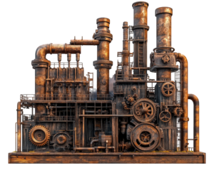 Steampunk inspired wooden factory with gears and metal pipes, showcasing intricate machinery and vintage aesthetic. blend of industrial design and artistic craftsmanship