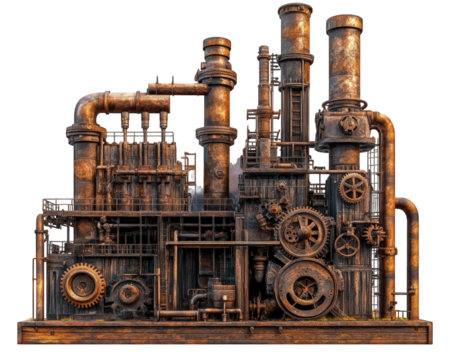 Steampunk inspired wooden factory with gears and metal pipes, showcasing intricate machinery and vintage aesthetic. blend of industrial design and artistic craftsmanship