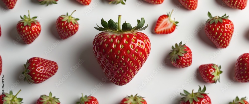 Poster fresh strawberries arranged artfully on a white background with space available for text or branding