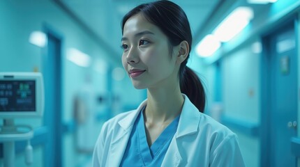Fototapeta premium A healthcare professional in scrubs stands peacefully in a hospital corridor. The cool blue lighting reflects the dedication and resilience required during late-night shifts
