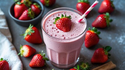 Refreshing strawberry smoothie garnished with fresh berries in a glass surrounded by ripe strawberries on a gray background.