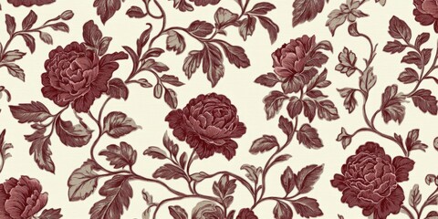 Beautiful vintage floral pattern featuring deep red roses on a soft cream background. Perfect for textile design, home decor, or wallpaper. Embrace timeless elegance with this charming design. AI