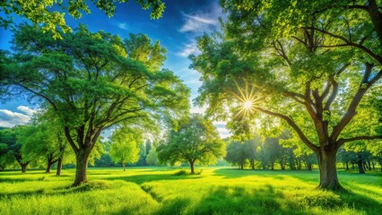 Fototapeta premium Lush Green Landscape, Vibrant Blue Sky - Perfect Nature Background