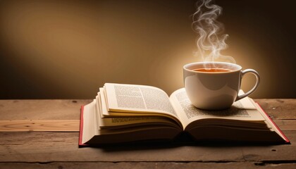 Cozy reading nook with steaming cup of tea on wooden table, relaxation