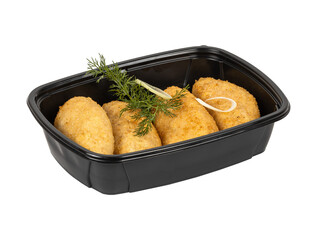 A black container of fried food on a white background