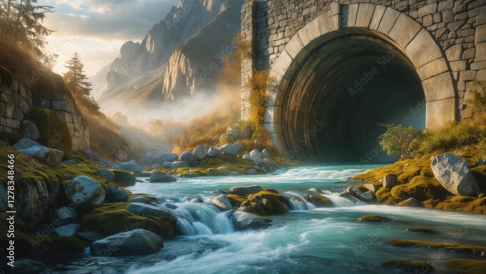Poster mountain stream flowing through a stone tunnel surrounded by lush greenery and towering cliffs under