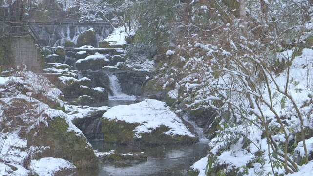 Winter scenery of Kyoto, piled up snow and waterfall