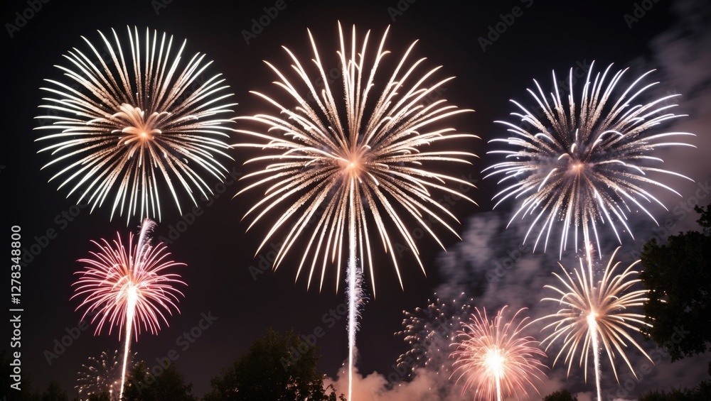 Poster vibrant summer fireworks display against dark sky with space for customizable text elements