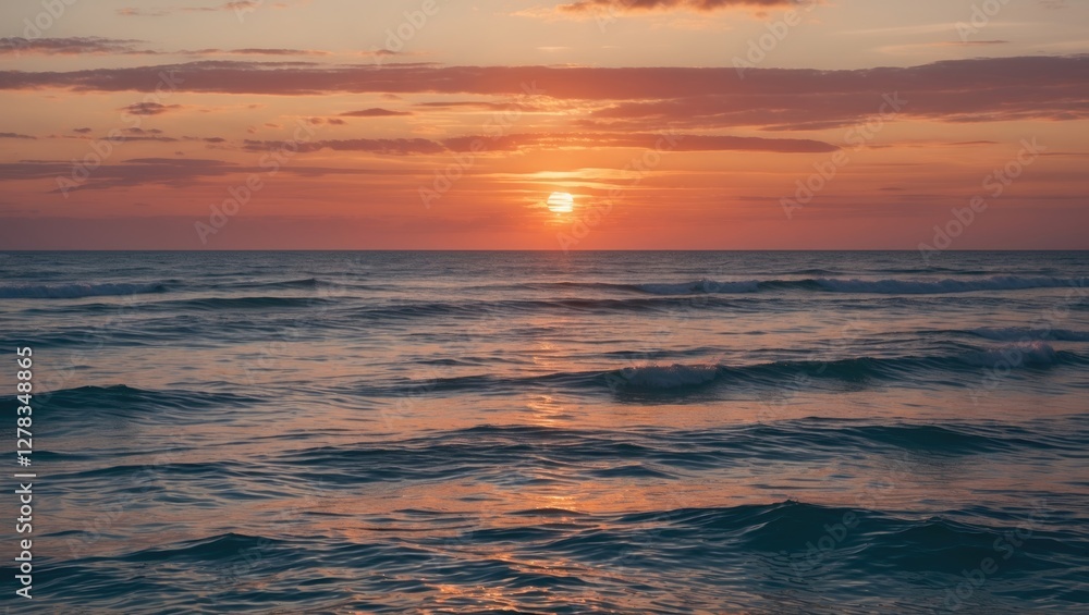 Poster serene ocean sunset over calm waves with space for additional text or branding