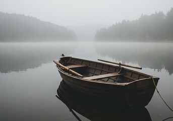 Wooden Rowboat on Misty Lake with Forest in Background Landscape