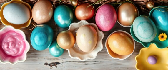 Collection of vibrantly colored Easter eggs arranged in decorative dishes on a rustic wooden surface.