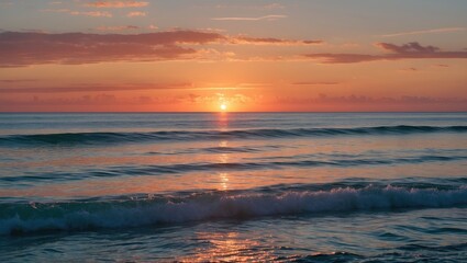 Vibrant Sunset Over Calm Ocean Waves with Clear Sky and Space for Text Overlay