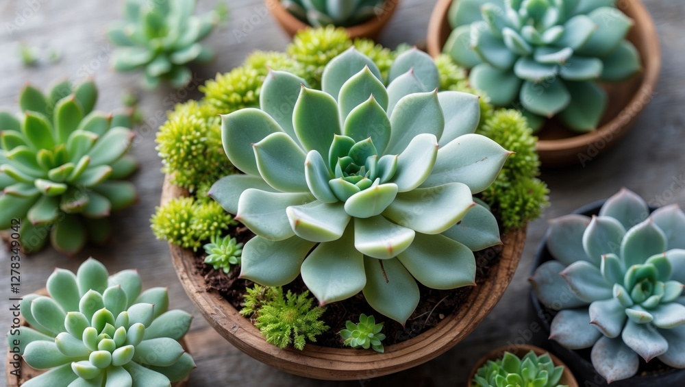 Poster vibrant succulent plants arrangement in decorative pots with space for custom text and design elemen