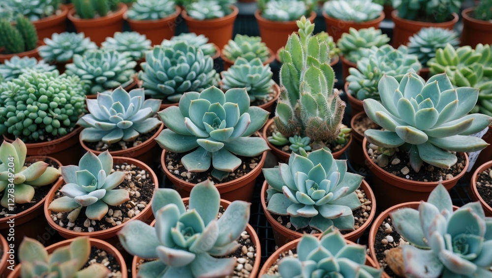 Poster assorted succulent plants in terra cotta pots with greenery background and space for text in a brigh