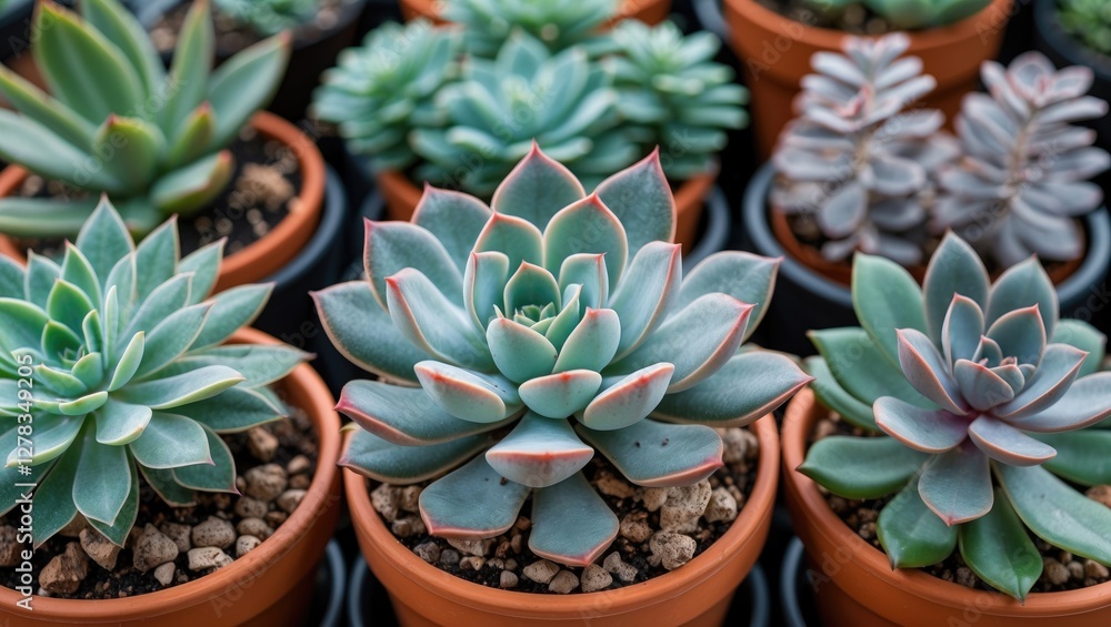 Poster diverse succulent plants in terracotta pots with empty space for text in a natural and aesthetic set