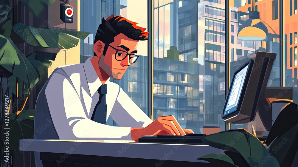 Poster a businessman using a vpn while browsing, showing a secure connection shield on his screen.