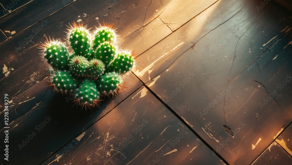 Poster vibrant succulent cactus displayed on dark wooden floor with illuminated texture and ample space for