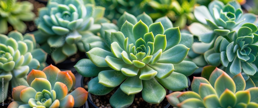 Poster lush succulent arrangement in macro detail with vibrant green hues and blank space for custom text o