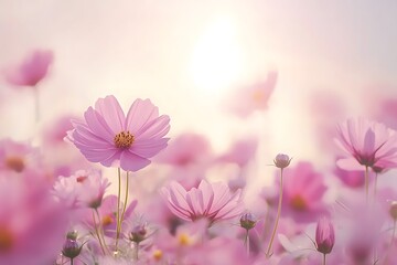 Fototapeta premium Pink cosmos sunset field