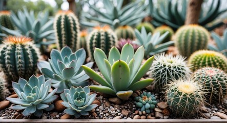 Obraz premium Diverse Succulents and Cacti Arrangement in Botanical Garden for Aesthetic Gardening and Landscape Design