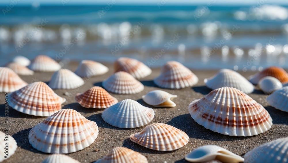 Poster seashells scattered on sandy beach with ocean waves in background, perfect summer backdrop featuring
